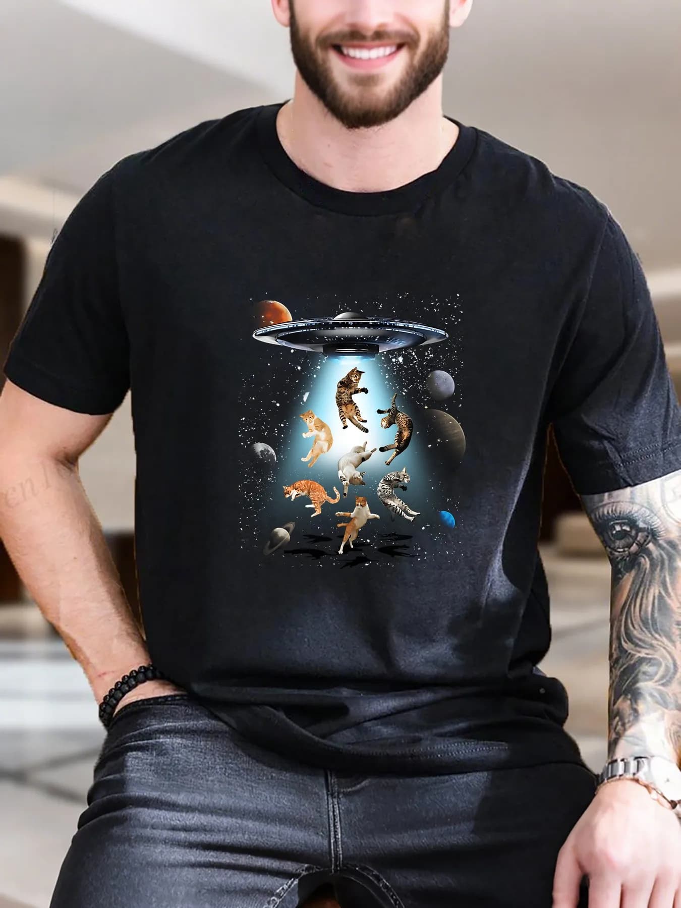 T-shirt a maniche corte stampata da uomo di nuova moda di arrivo Gatti volanti Astronave Design 100% cotone Ultra morbido traspirante Casual Str