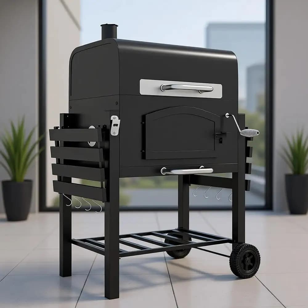 Griglia BBQ a Carbone Portatile con Altezza Regolabile, Ripiani Pieghevoli, Termometro, Apribottiglie e Ruote per Avventure all'Aperto