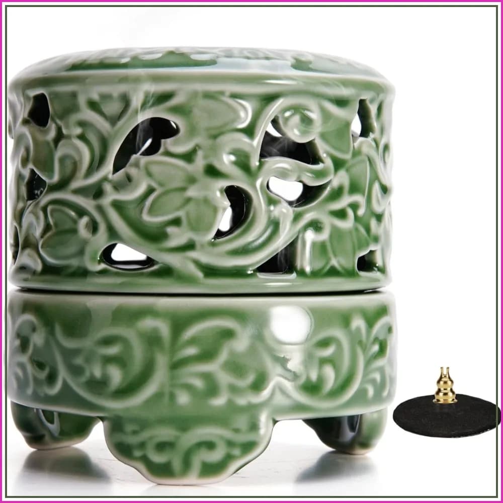Ceramic Lotus Incense Burner with Lid for Stick, Cone, Coil - Green, Home Office Yoga Decor
