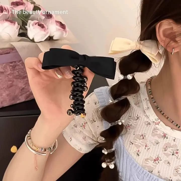 Sweet Spiral Elastic Brilliant Pearl Wire Phone Band for Hair Bowknot Horsetail Braid Head Rubber Bond for Hair Cord Accessories Woman