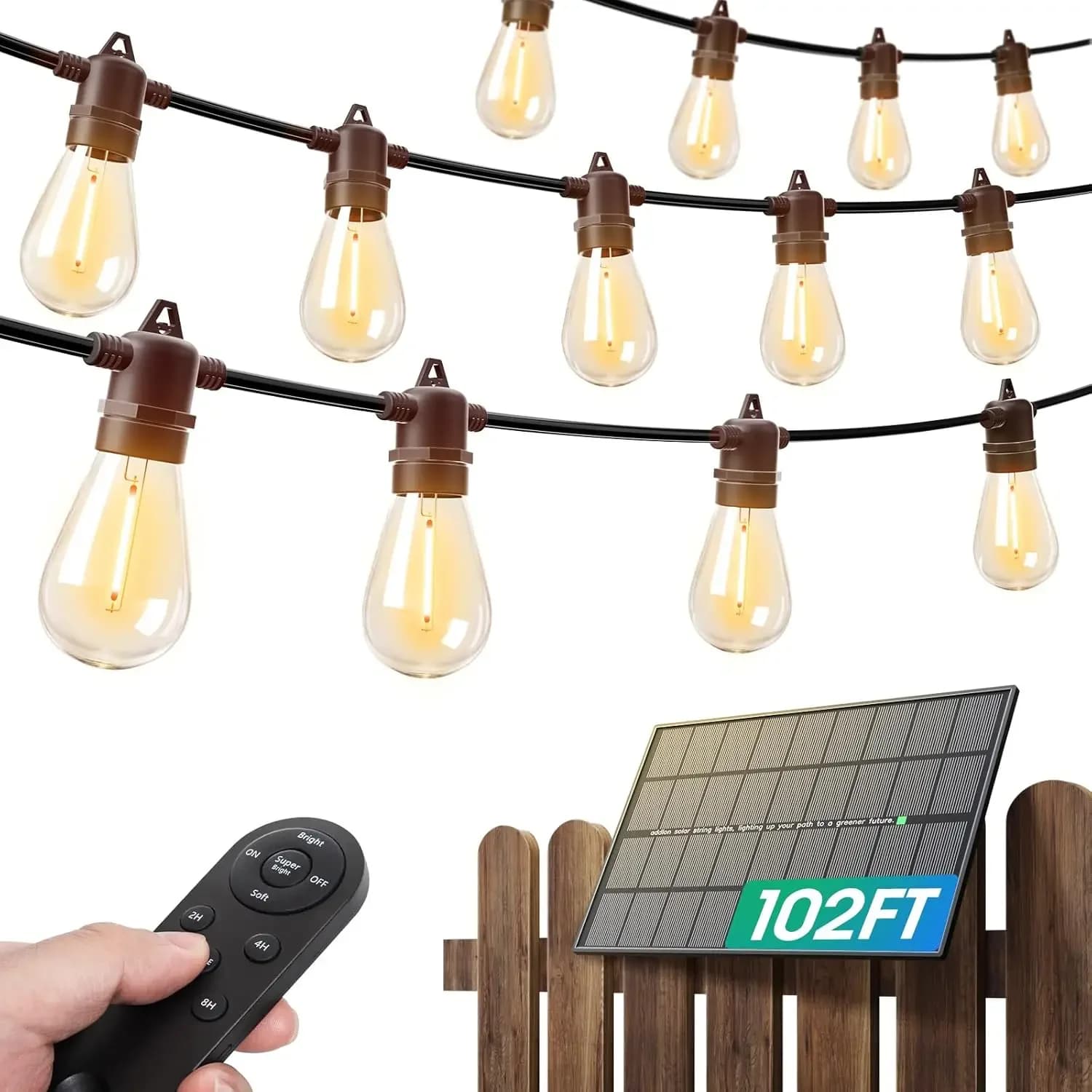 Luci Solari a Stringa da Esterno Impermeabili da 30 Metri con Pannello da 6W, Ricarica USB, Telecomando, Luci per Patio a Lunga Durata (20 Ore), Dimmerabili