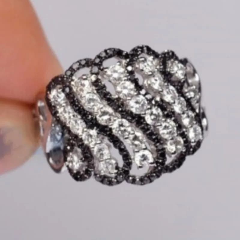 Dazzling Inlaid Black White CZ Women's Ring Trendy Silver Color Geometry Daily Wear Party Jewelry Anniversary Gift