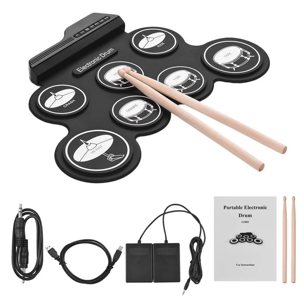 Tamburi musicali pieghevoli rotolo a mano Kit batteria elettronica digitale USB portatile Roll-Up 7 Pad batteria in silicone con bacchette pedale