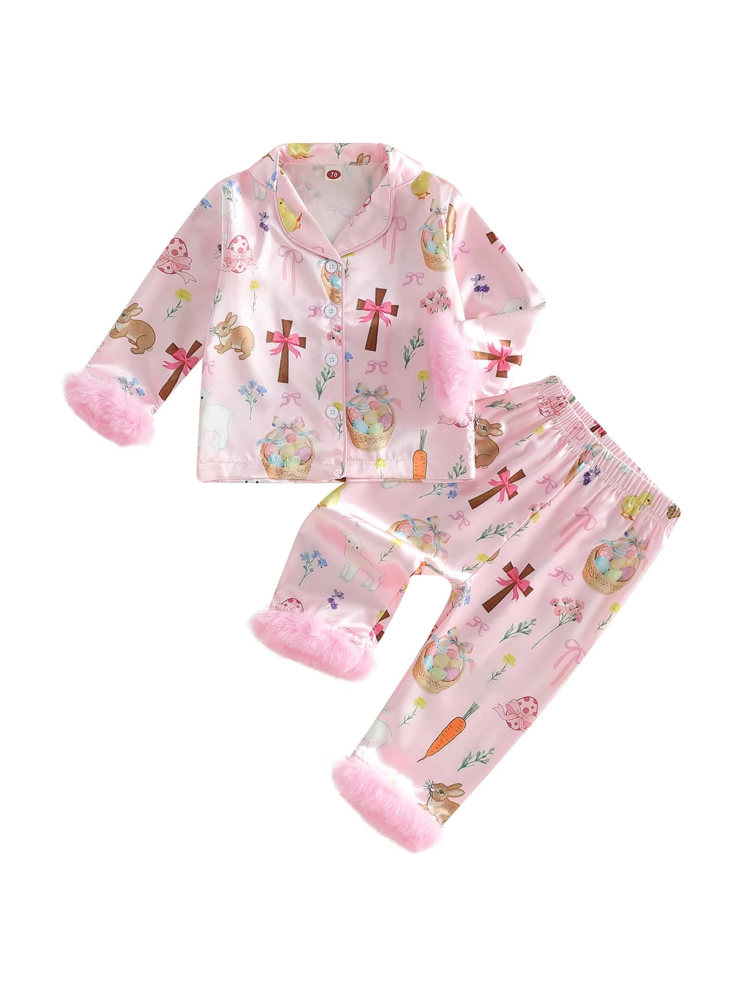 Children's paschal pyjamas set with long sleeve shirt and trousers with bunny print and Easter eggs in satin, girls' home suit
