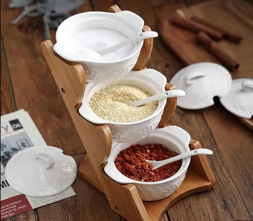 Nordic Style Ceramic Seasoning Jar Set with Lid and Tray Home Kitchen Salt Sugar Pepper Storage Condiment Ornament