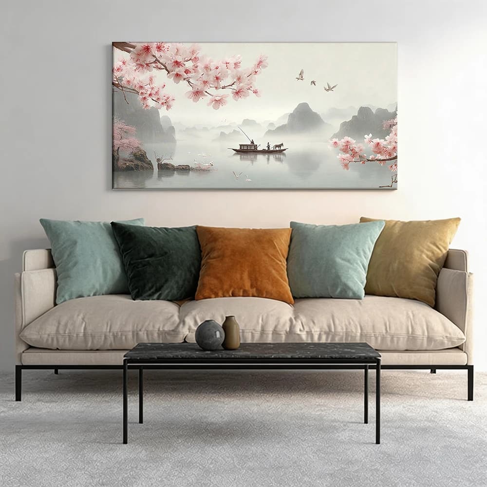 Painted on canvas with large wooden frame, 1 piece. Boat on the lake, pink flowers.