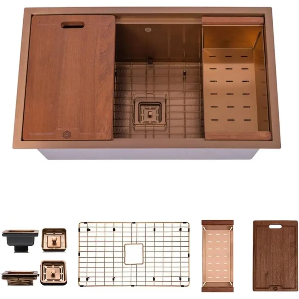 32 Inch 16 Gauge Copper Undermount Kitchen Sink with Wave Texture, Grid, Cutting Board, Strainer, and Disposal Adapter