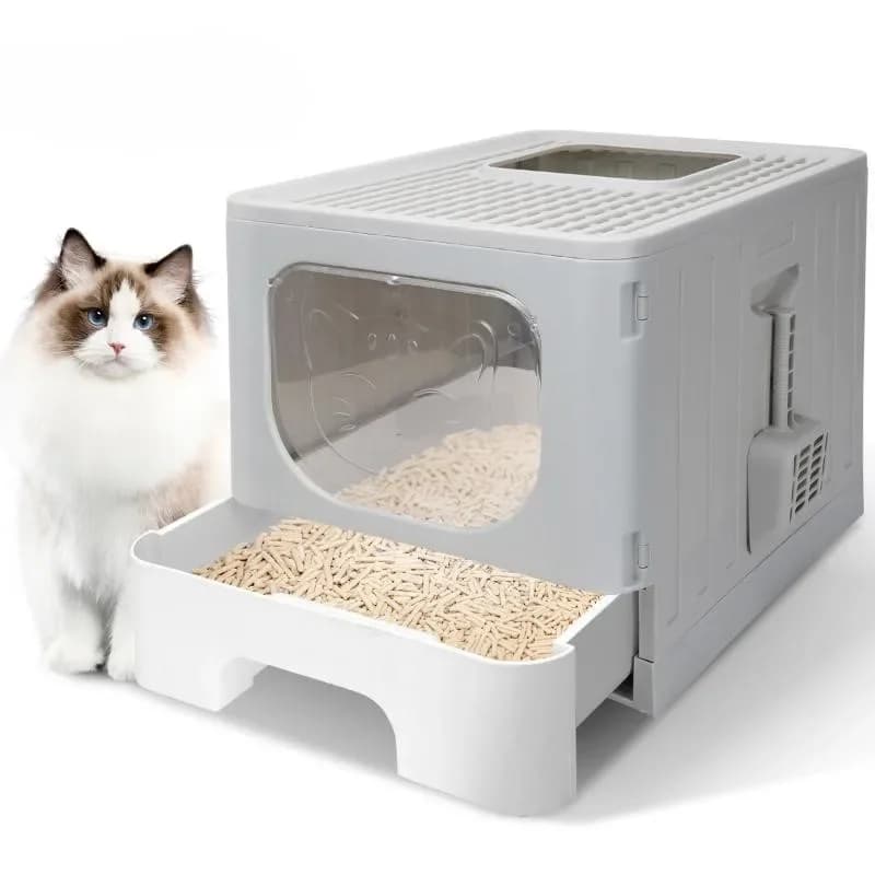Large Enclosed Top-in Cat Litter Box Removable Drawer With Scoop Spacious for Big Cats Odor Isolation Toilet