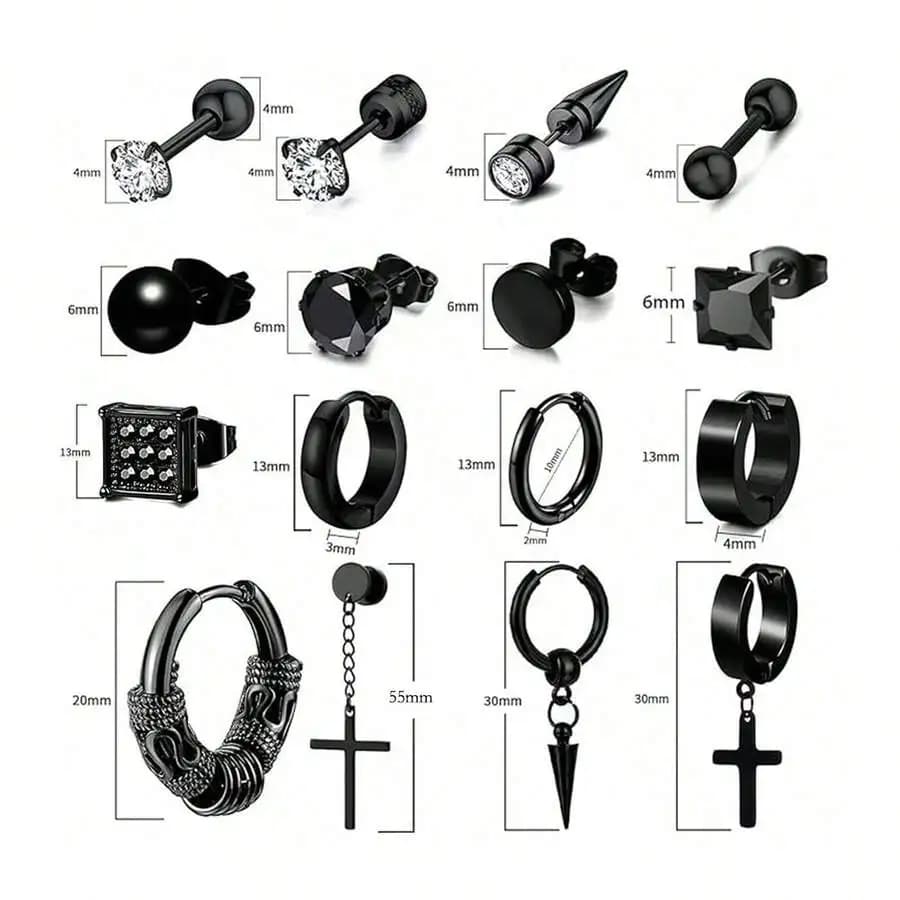 16pcs Mens Black Stainless Steel Earring Set Studs Hoops Cross Pendant Fashion Punk Jewelry