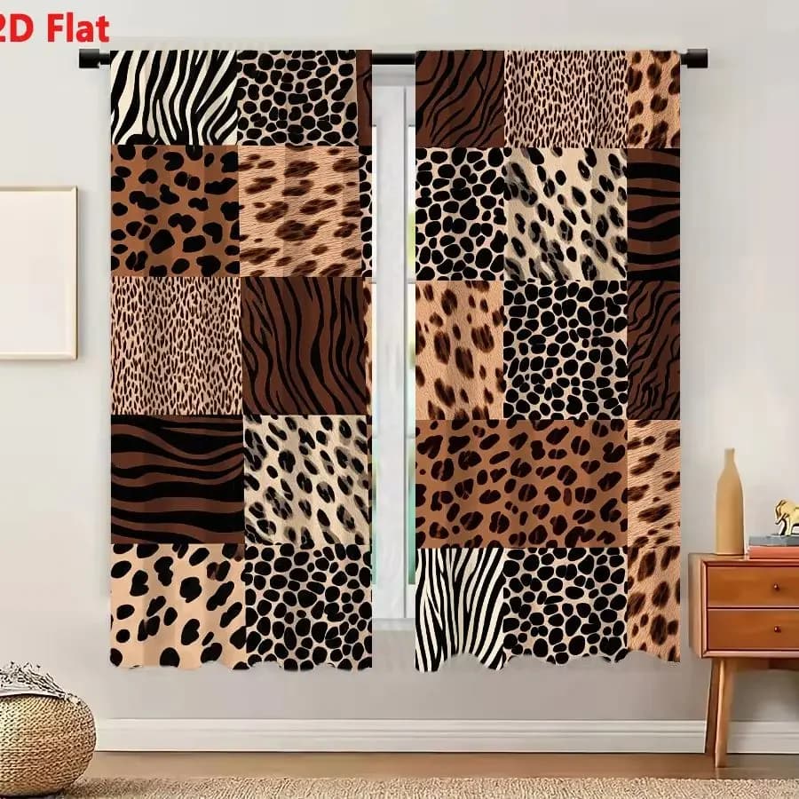 2Pcs Curtains 2D Flat Animal Print Grid 25 Square Panels Zebra Stripes Leopard Spots Cheetah Dots Tiger Patterns Earth Tone Patc