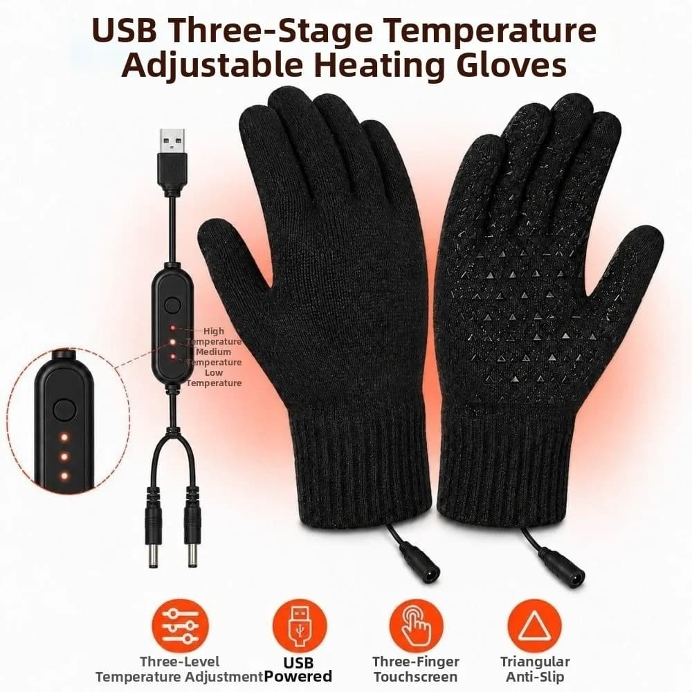 1 Level 3 Level USB Electric Heated Gloves Adjustable Temperature Warm Knitted Polyester Gloves Soft Thick Winter Heated Gloves