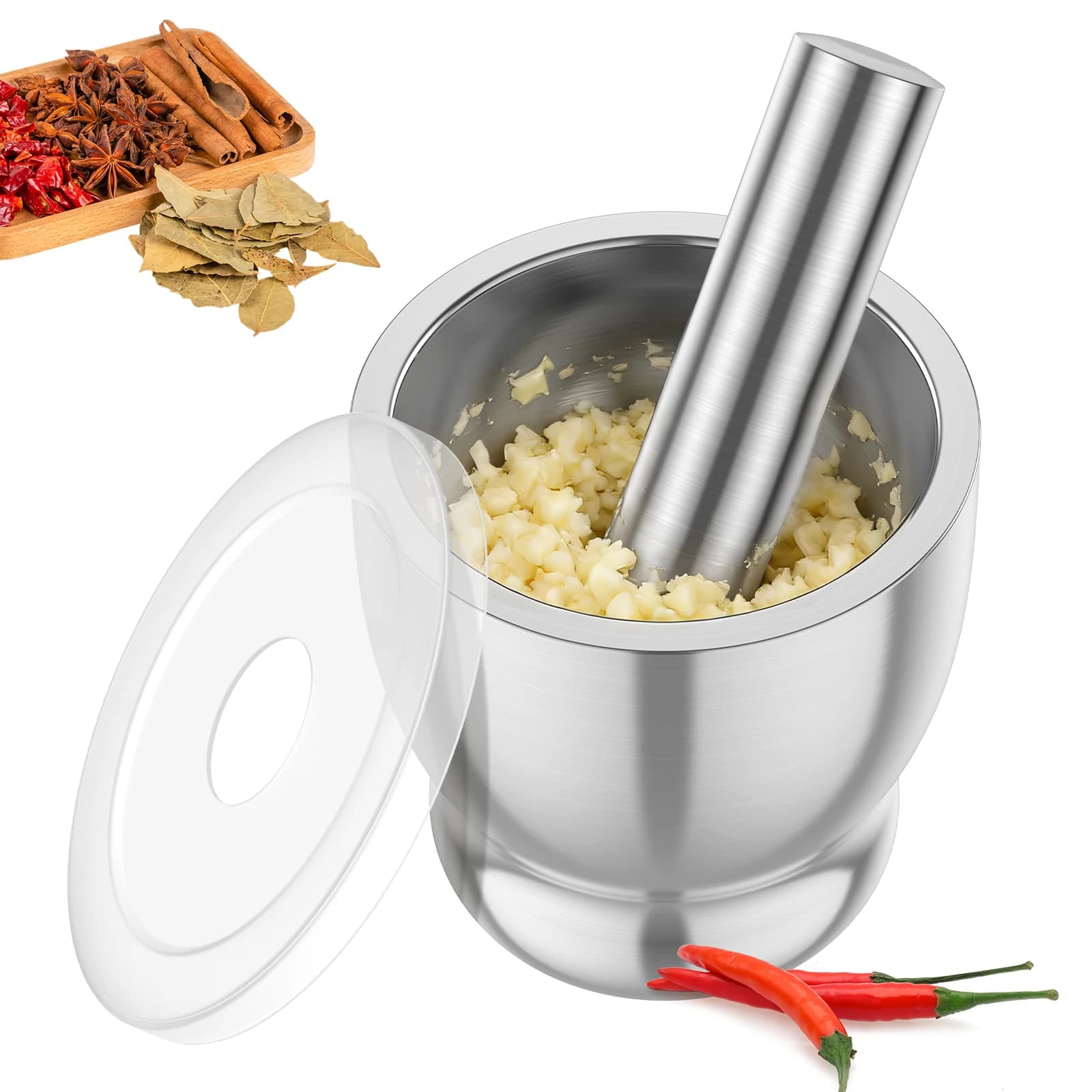 Set Mortaio e Pestello in Acciaio Inossidabile, Trituratore Manuale per Erbe e Spezie con Coperchio in Plastica, Antiruggine, per Pepe ed Erbe