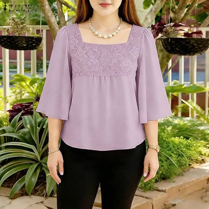 ZANZEA Camicette eleganti da donna con patchwork in pizzo, collo quadrato, maniche a campana 3/4, top casual per tutti i giorni, blusas estive in tinta unita da donna