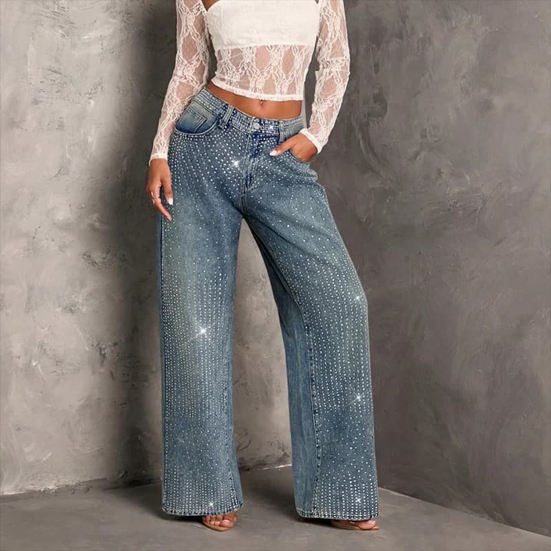 2026 High Street Women Chic Rhinestone Decoration Thin Jeans Lady Casual High Waist Trousers Girls Daily Versatile Denim Pants