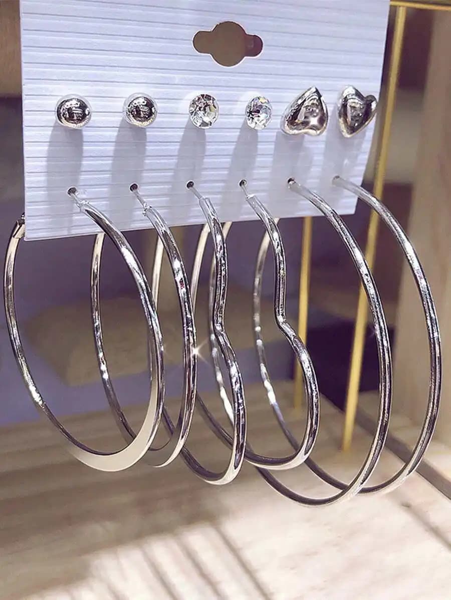 6 Pairs Fashion Hoop And Stud Earrings Set With Heart And Crystal Decor
