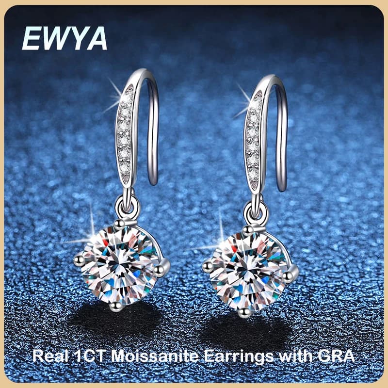 EWYA Luxury Real 1CT D Color 4 Prong Moissanite Drop Earring for Women Girl S925 Silver Plated Platinum Diamond Dangle Earrings