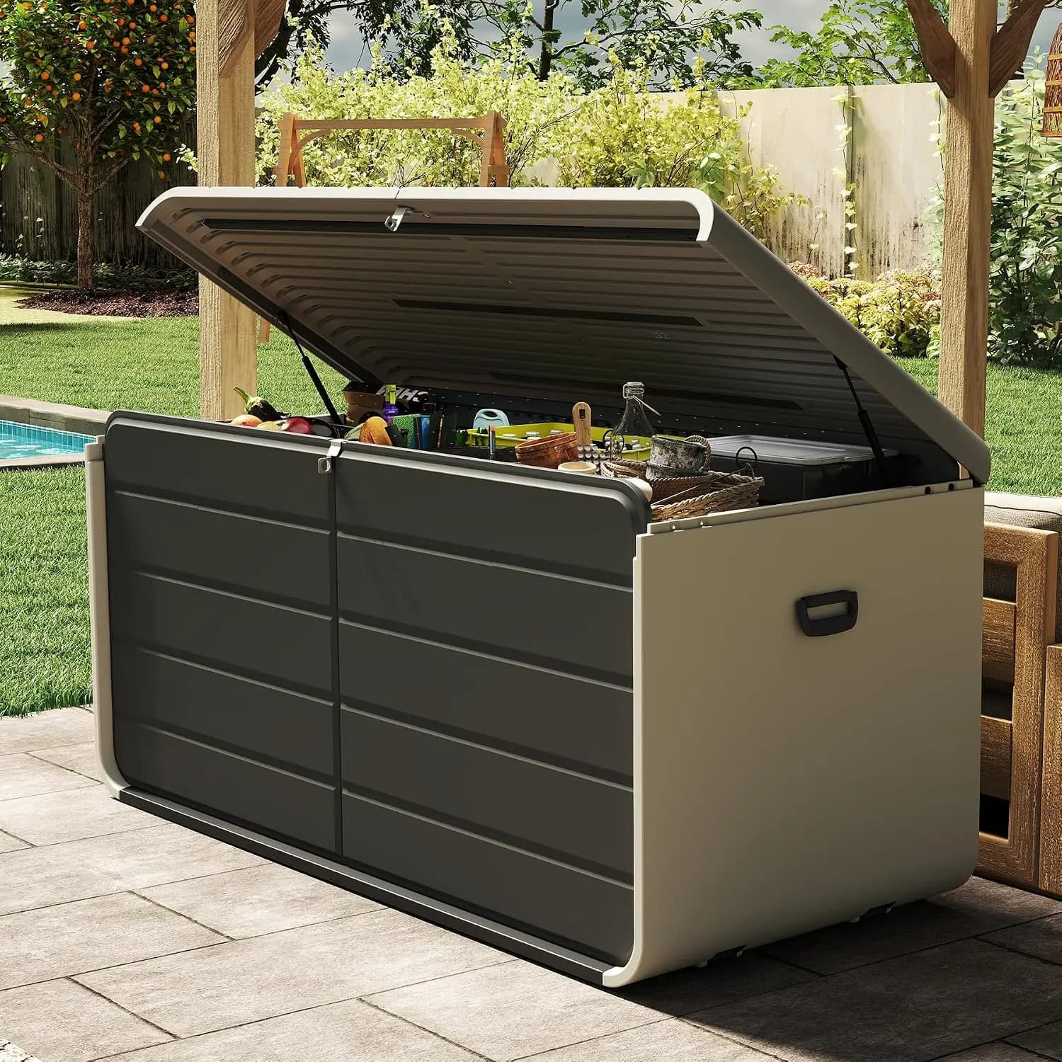 Indoor Outdoor Storage Box 200 Gallon, Large Waterproof Resin Deck Box Organizer Container With Lockable Lid Support, Heavy Duty Weather Resistant Poolside Patio Garden Cushion Bench Cabinet, Gray