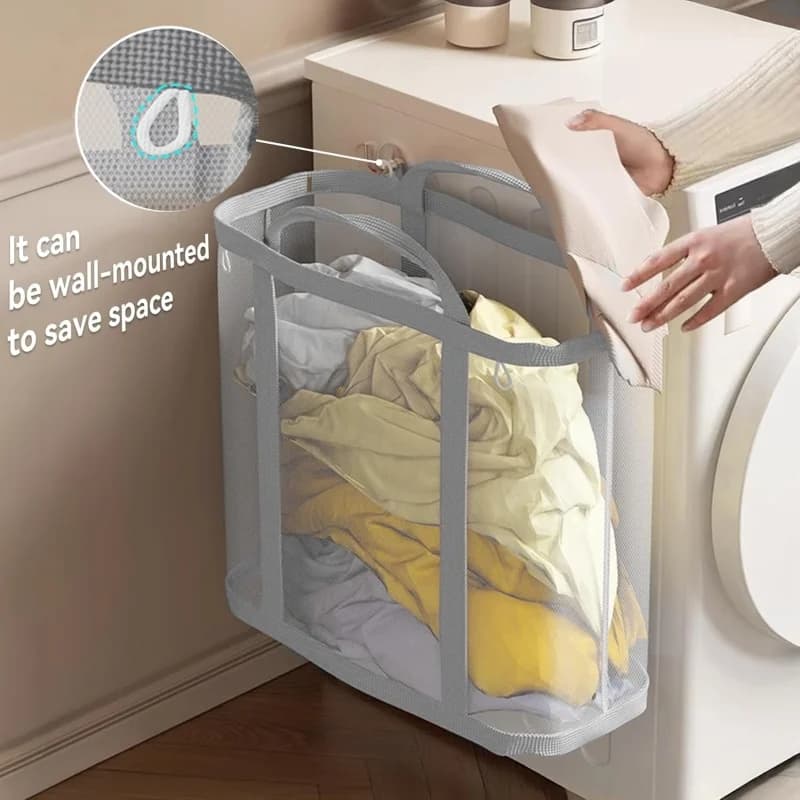 Nylon Mesh Laundry Basket with with Sturdy Handles Large Capacity Foldable Laundry Bag Clothes Storage Container