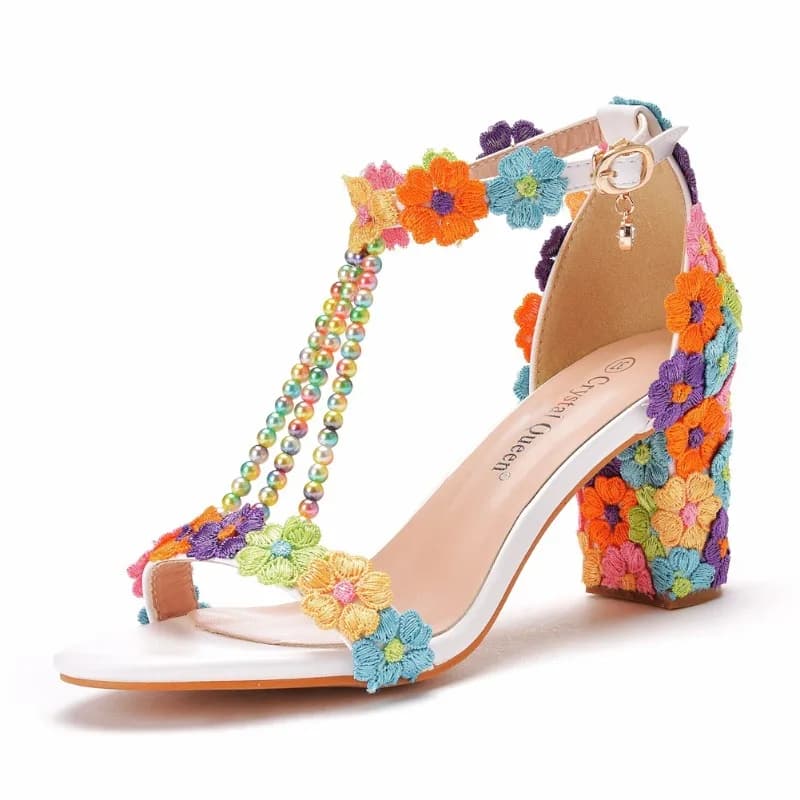 2026 New Brand Women 7cm Shallow Mouth High Heel Sandals White Lace Beaded Bridal Wedding Shoes Thick Heel Sandals for Women