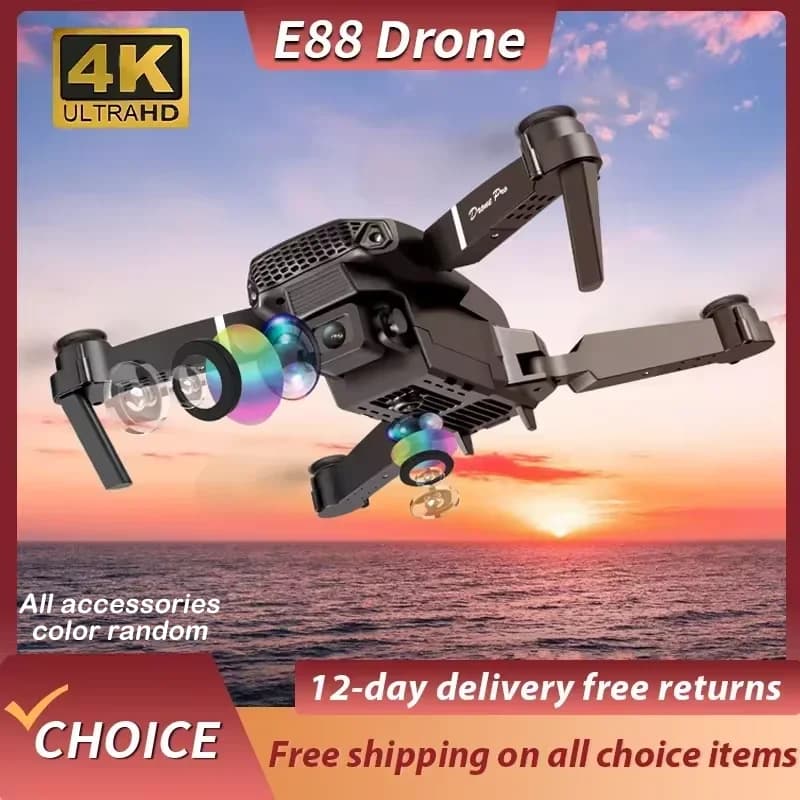 Drone RC E88Pro 2024 con Telecamera HD 4K e Grandangolo 1080P, Elicottero Pieghevole con WIFI FPV e Mantenimento dell'Altitudine, Regalo Giocattolo