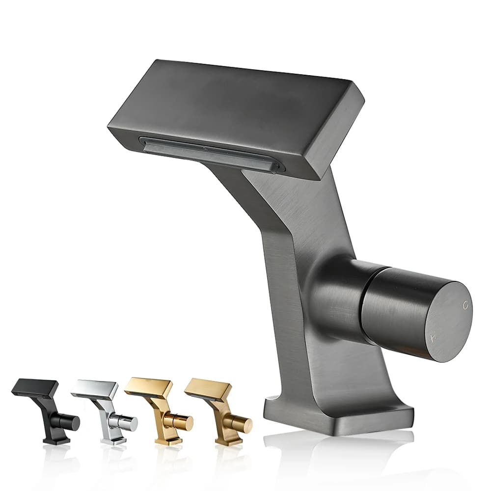 Rubinetto da bagno a cascata in ottone grigio pistola con maniglia singola Finitura cromata nera Miscelatore per lavabo con gru calda fredda