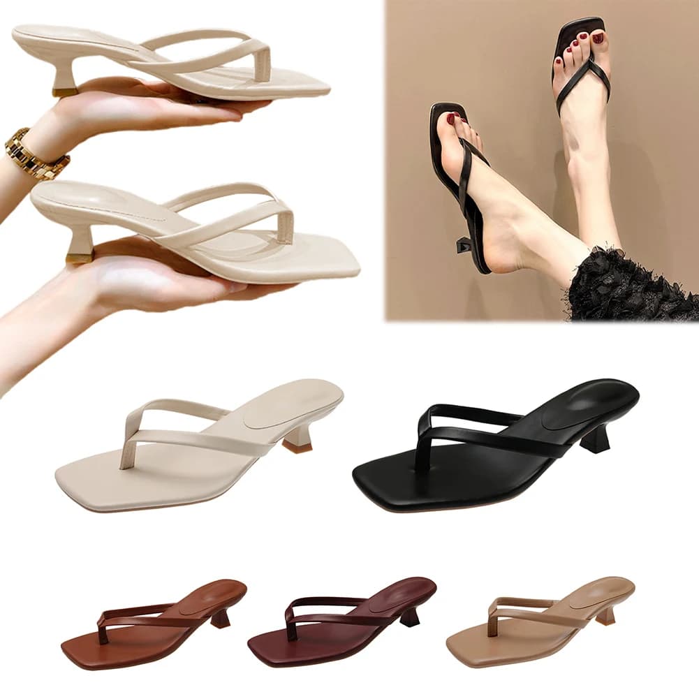 Sandali da donna con tacco a spillo e punta quadrata, tinta unita, comodi, con tacco basso, in pelle PU, infradito con tacco sottile per spiaggia e viaggi al mare