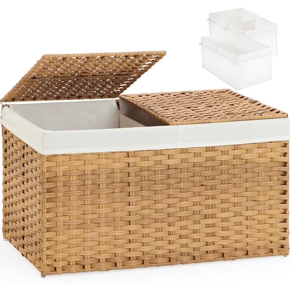 Cesti portaoggetti in rattan intrecciato con 2 coperchi rimovibili, 65L, 22x13x13,8 pollici, pieghevoli, 2 sacchi interni per camera da letto o lavanderia