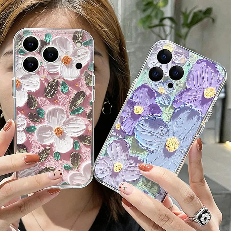 Custodia per telefono con fiori dipinti a olio per iPhone 17 Pro Max, Coque iPhone 16 15 14 13 12 Pro Max 11, Cover morbida in silicone TPU trasparente