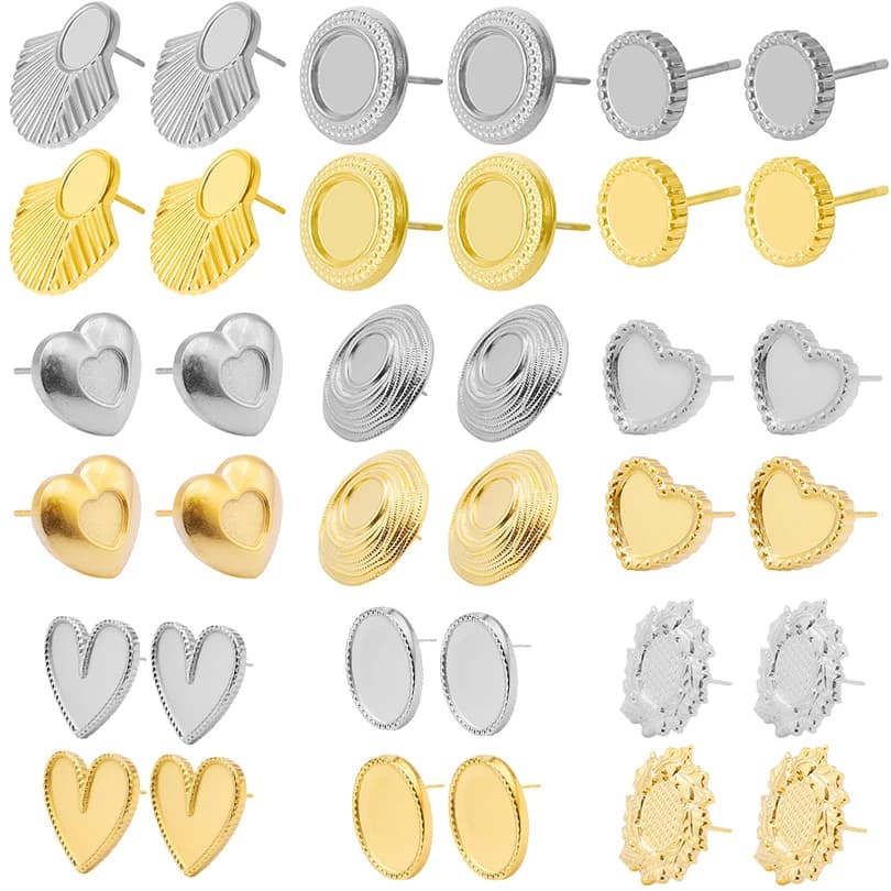 6pcs/3pairs DIY Stainless Steel Earrings Bases Round Heart Shaped Earrings Settings for Jewelry Marking Handmade Crafts Gifts