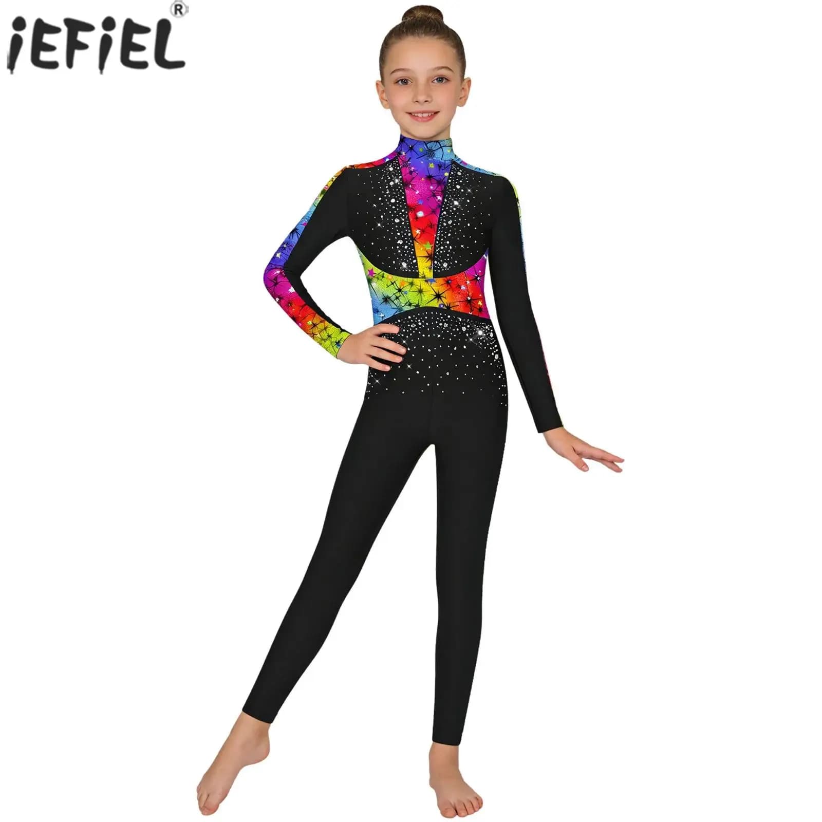 Body da Ginnastica per Bambine a Maniche Lunghe con Strass, Tuta Intera Stampata per Danza Classica, Pattinaggio Artistico e Acrobazie