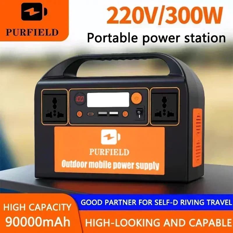PURFIELD Stazione di Alimentazione Portatile 220V 110V 300W AC DC per Esterni, Generatore Solare 315WH, Batteria 90000mAh/3.7V, Alimentazione di Emergenza