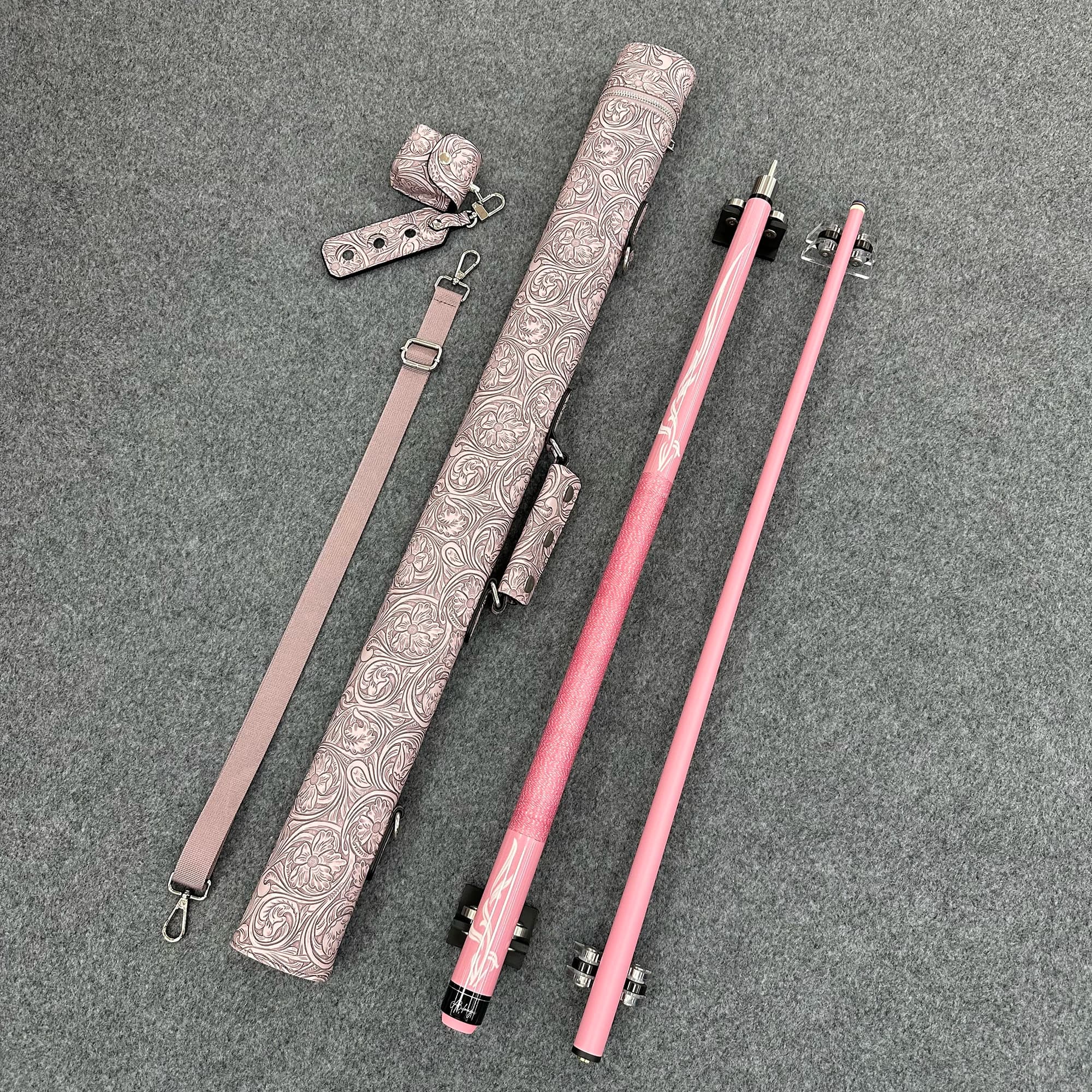 High-appearance pink hand-wrapped handle billiard set, 148cm long, 13mm head, paired with a 2-hole barrel in the same color