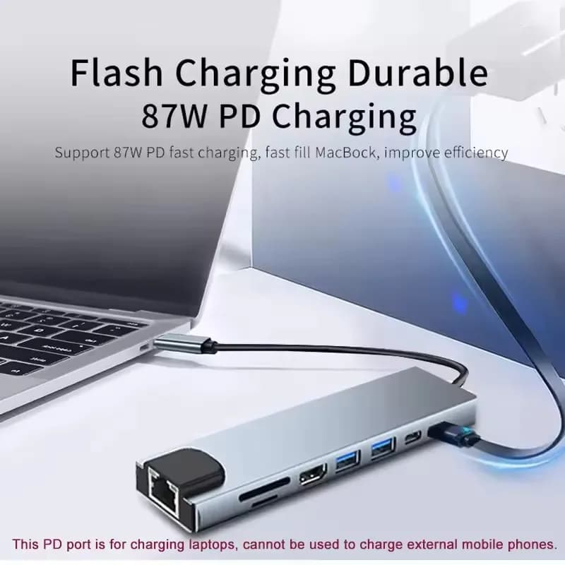 USB Hub C 8 in 1 3.0, Splitter Type C, Docking Station 4K, Laptop Adapter with PD, SD, TF for Macbook Air M1, iPad Pro, RJ45, HDMI-Compatible