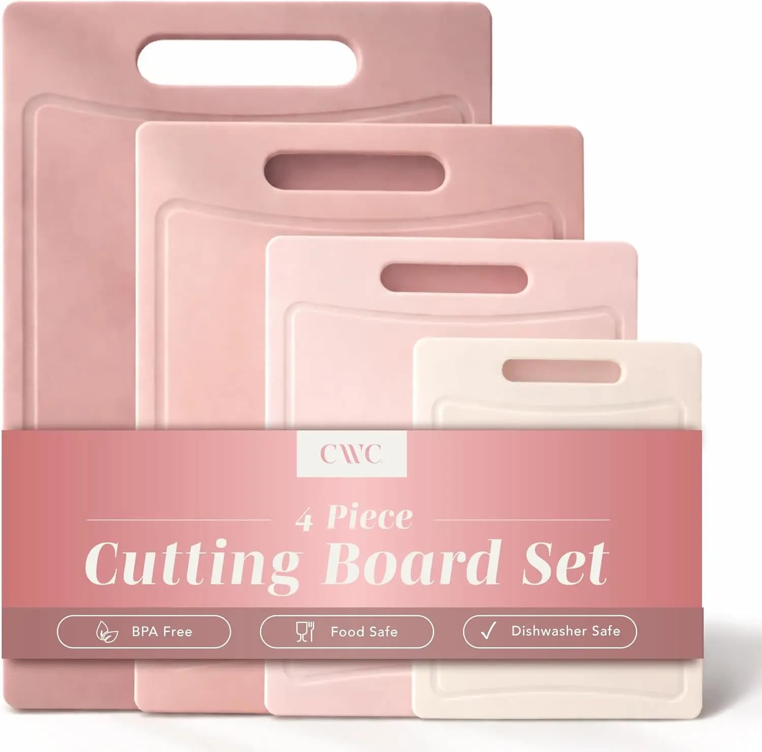 Non-Slip Cutting Board Set 4 Pack - Plastic Chopping Boards with Easy Grip Handle for Meat, Veggies, Fruits, Kitchen Essentials, Pink