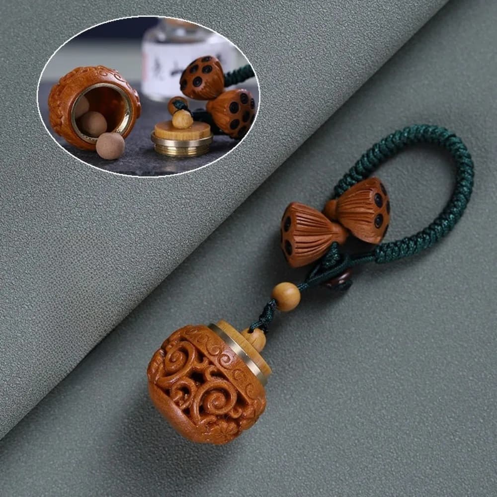 Wood Sandalwood Sachet Pendant Keychain Round Shape Lantern Essential Oil Diffuser Pendant Metal Hollow Carved Mobile Phone