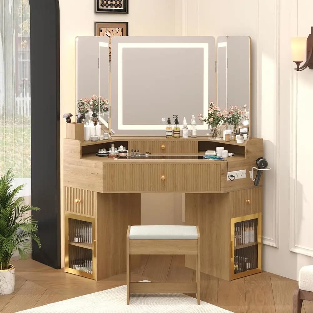 Tavolo da Trucco a Specchio a 3 Vie con Contenitore, Tavolo da Trucco Illuminato, Cassetti in Legno, Piano in Vetro, Presa Elettrica, Porta Asciugacapelli e Sgabello