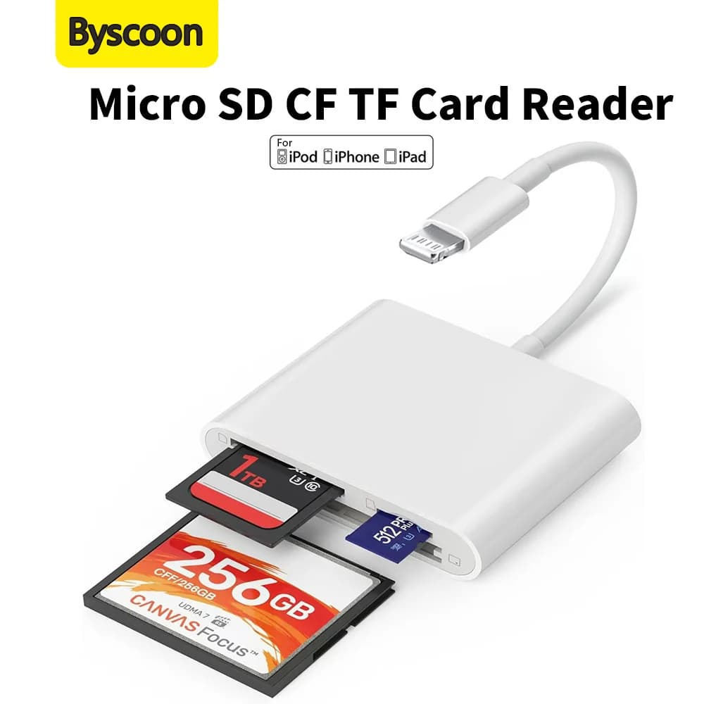 Byscoon Lettore di schede 3 in 1 da fulmine a CF SD TF per iPhone 14 13 12 11 Pro Max Convertitore OTG per lettore di schede iOS Adattatore OTG