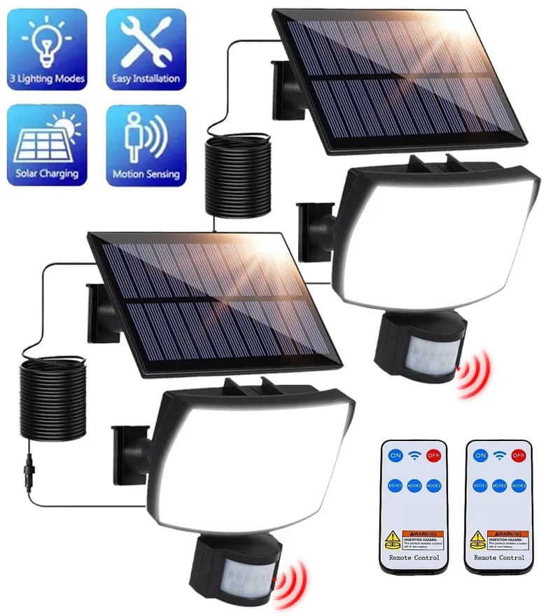 Luci Solari da Esterno - 2 Pezzi, Fari Solari Impermeabili IP65 con Cavo da 5 Metri, Luce con Sensore di Movimento a 3 Modalità per Giardino e Cortile