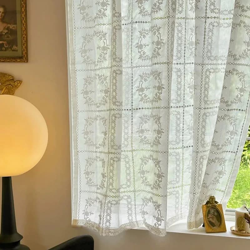 Window curtain with floral embroidery in French romantic style, white, elegant, half transparent, pocket for rod, for living room, bedroom