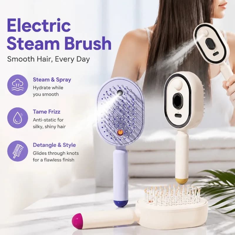 Electric Steam Brush with Water Spray, Rechargeable Anti-Static Hair Straightener for Detangling, Smoothing, Styling & Frizz