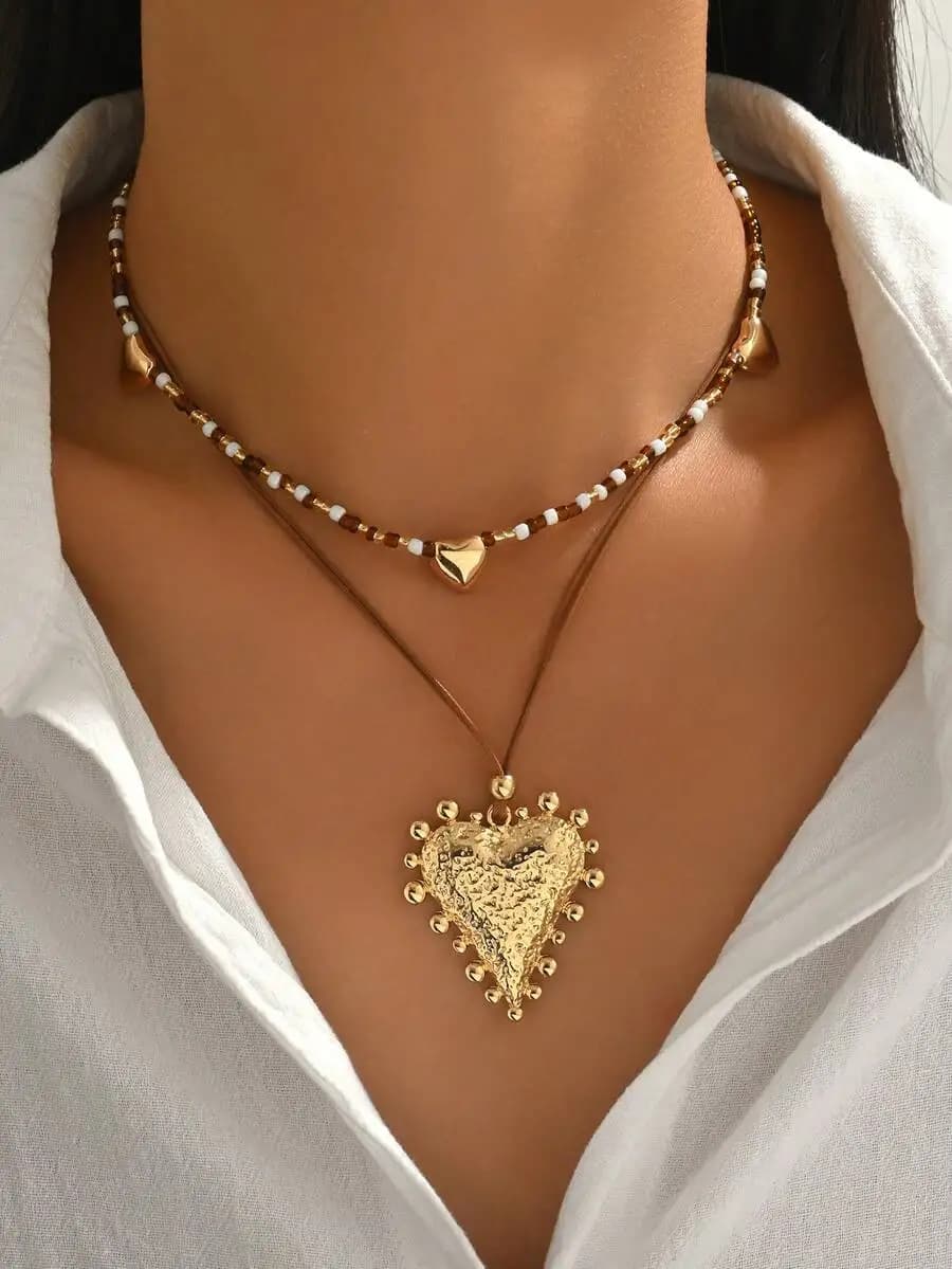 Set di 2 collane girocollo con perline in stile oceano estivo con ciondolo a cuore, gioielli alla moda da donna per l'uso quotidiano e feste in spiaggia