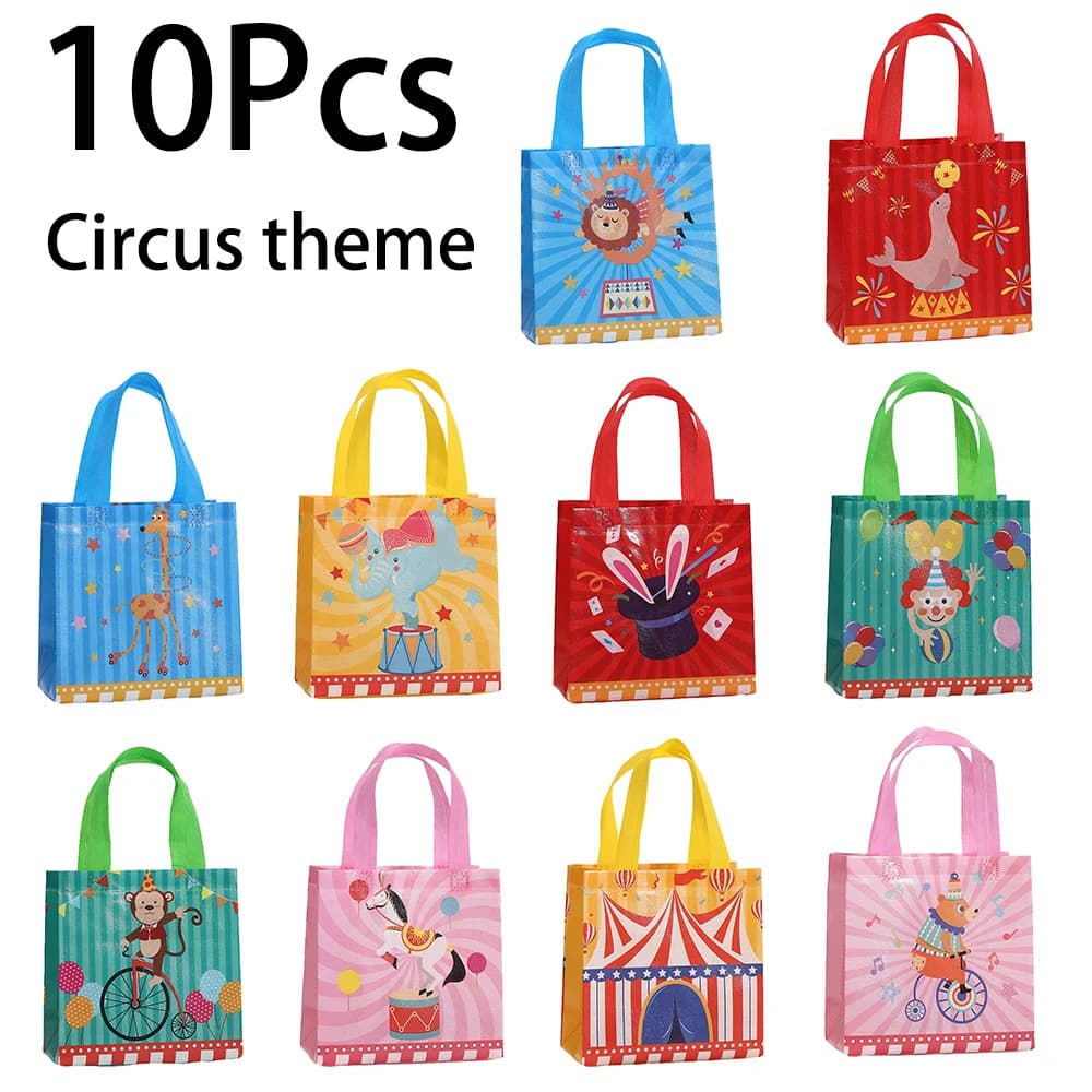 10 Sacchetti Regalo in Tessuto Non Tessuto a Tema Circo, Borse Shopping da Parco Divertimenti con Clown per Compleanni Bambini e Decorazioni per Feste Baby Shower