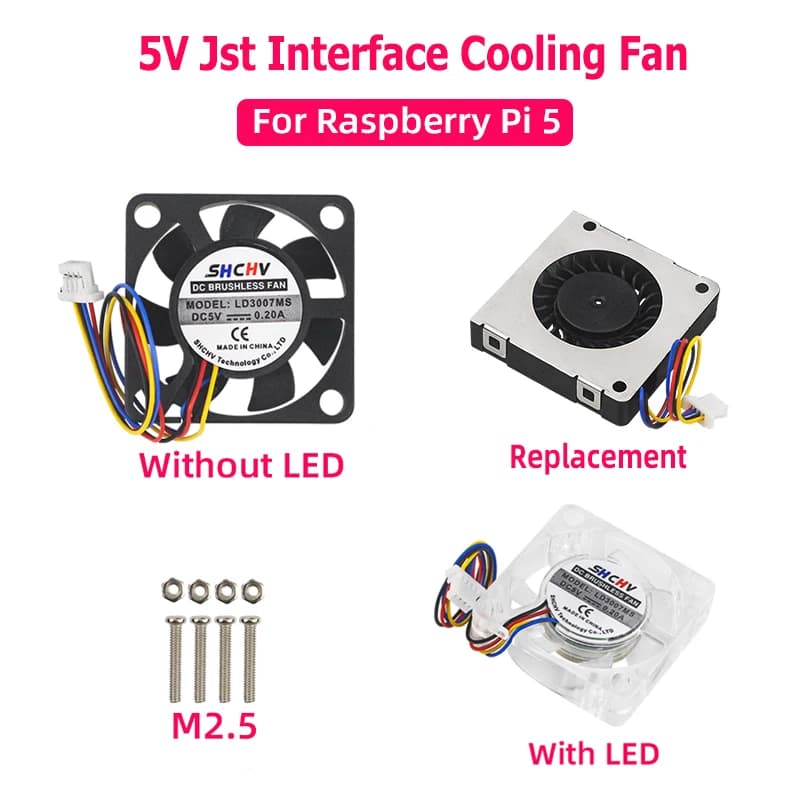 5V Cooling Fan Interface JST Speed PWM CPU Cooling Radiator Adjustable for RaspberryPi 5 4G 8G LED Optional