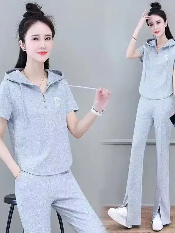 Fashionable Sportswear Set Women's Summer New Short Sleeve Long Pants Hoodie Casual Two-Piece Trendy Polyester Fiber
