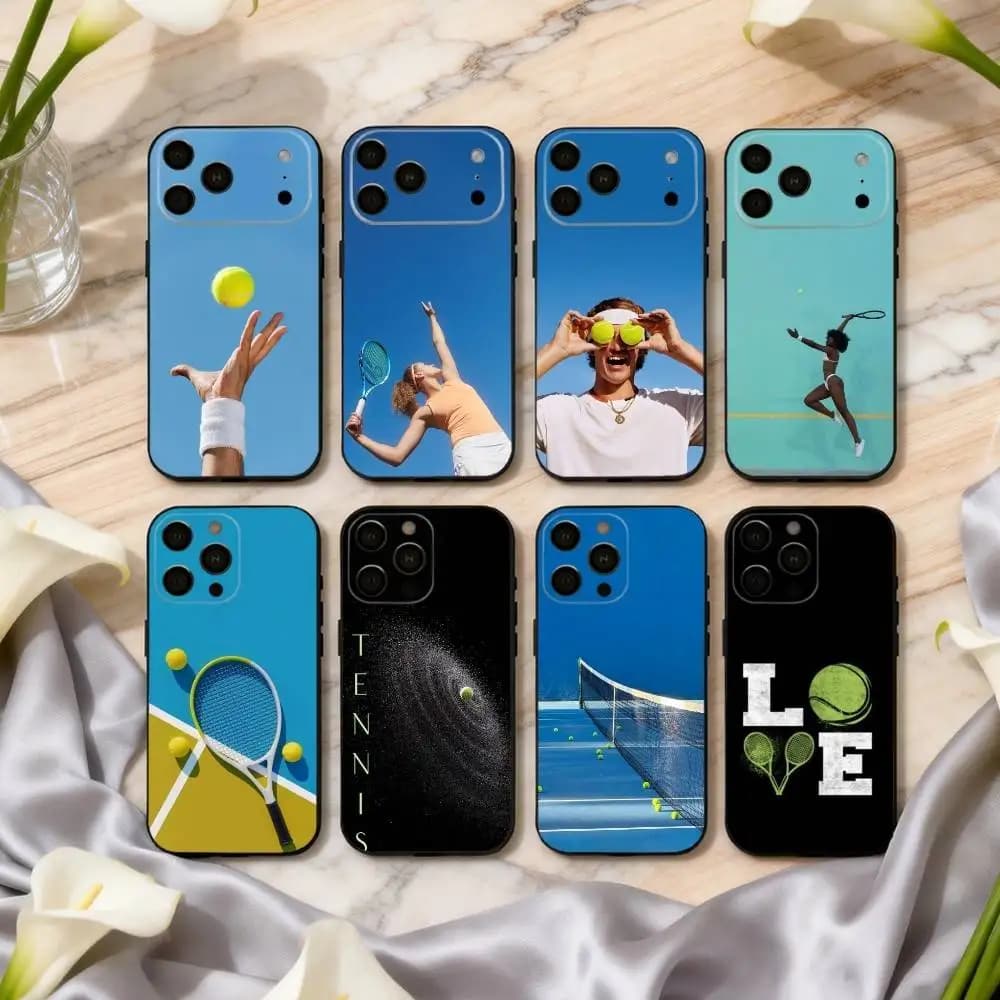 Custodia per telefono sportiva T-Tennis B-Ball per iPhone 17, 16, 15, 14, 13, 12, 11 Plus, Pro Max, XS, in morbido silicone nero