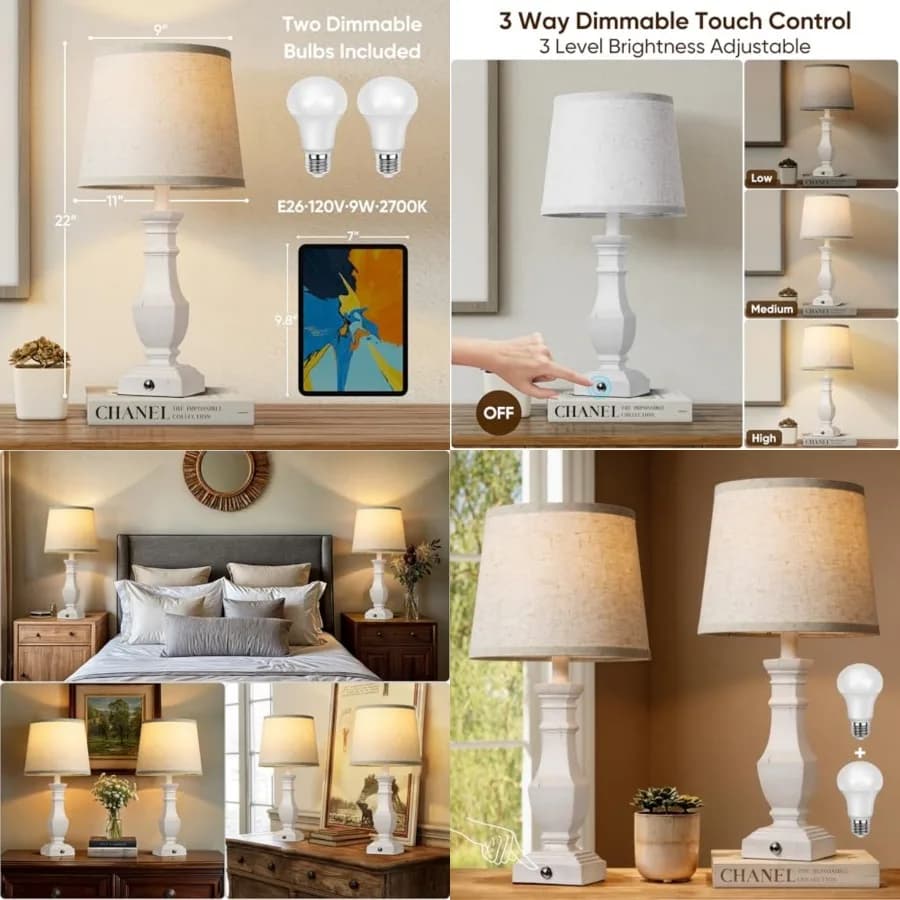 Set di 2 Lampade da Tavolo Dimmerabili, Lampade da Tavolo Rustiche Stile Fattoria per Soggiorno e Camera da Letto, Lampade da Comodino per Tavolini, con Controllo Touch