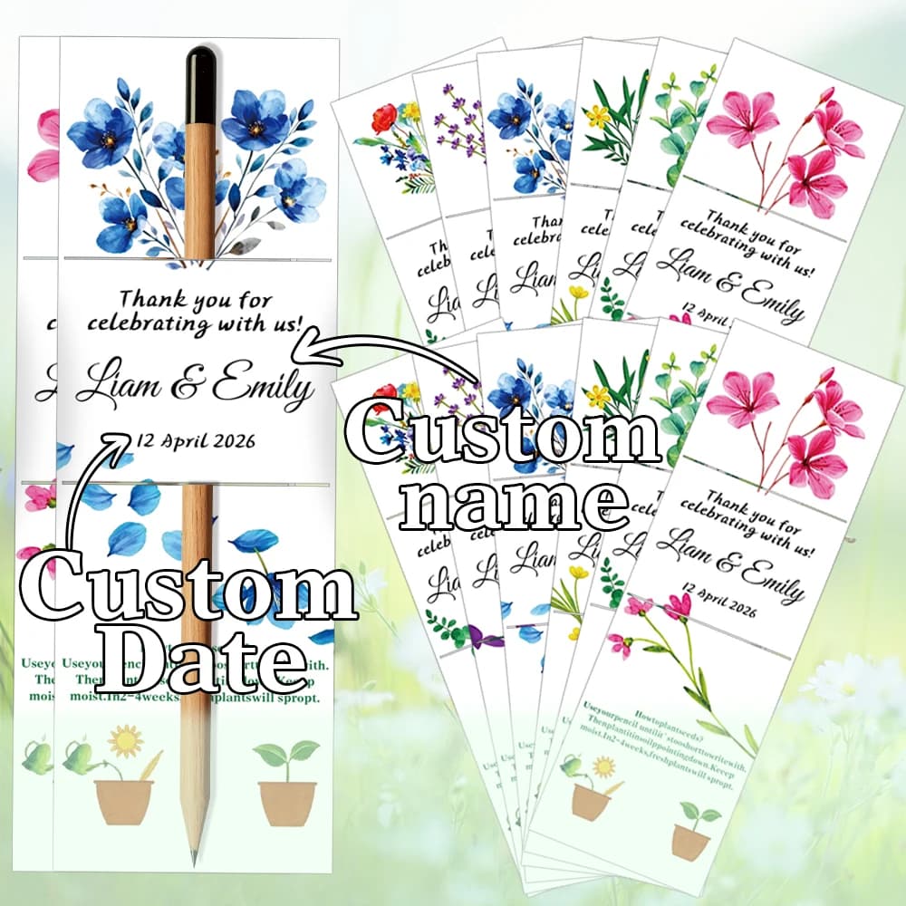 Biglietto personalizzato a tema floreale con nome/data, adatto per matrimoni, anniversari ed eventi festivi (non include semi e penne)