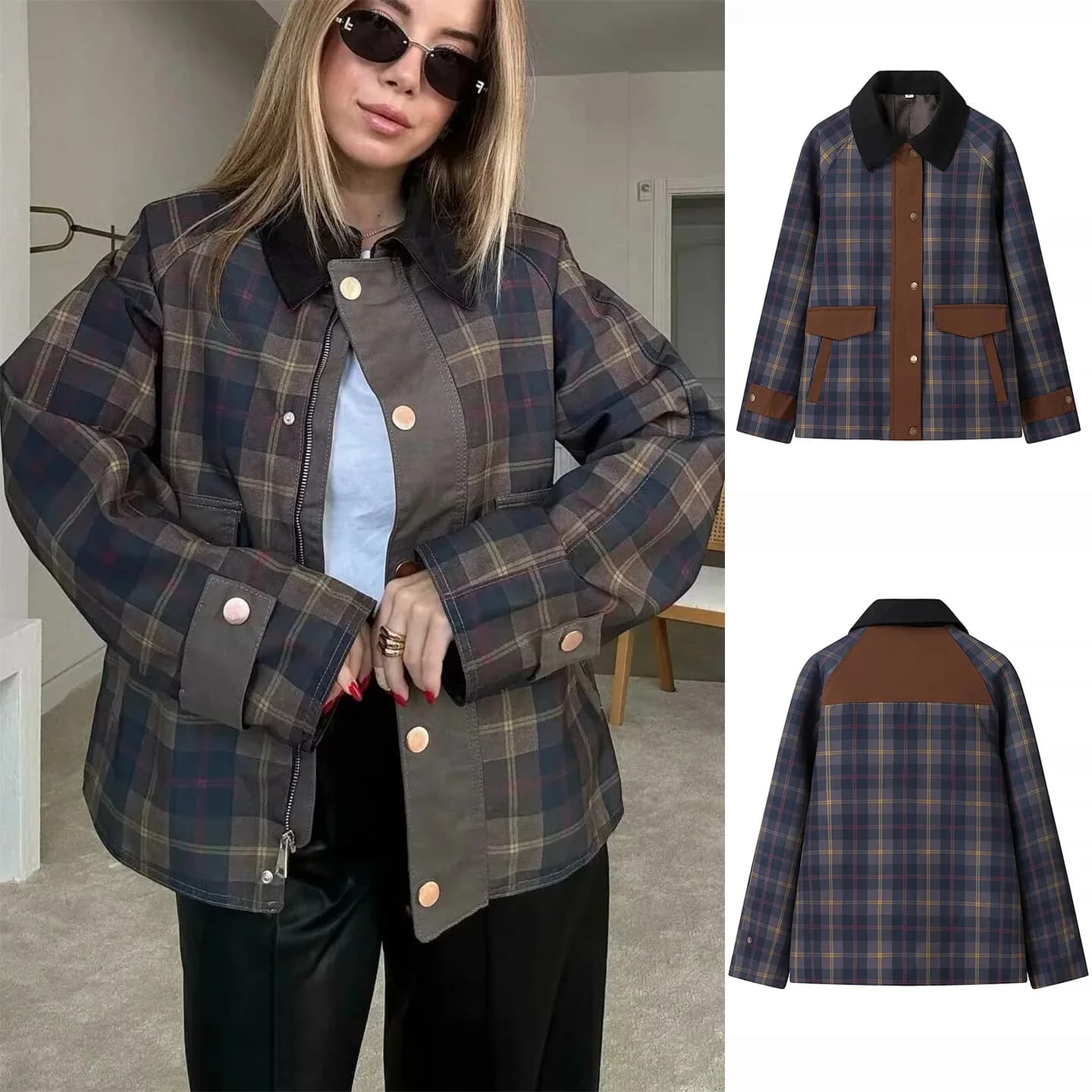 Winter Street Style Plaid Zipper Long Sleeve Stand Collar Color Block Jacket Women's Fashion Outerwear Polyester Fiber 100%