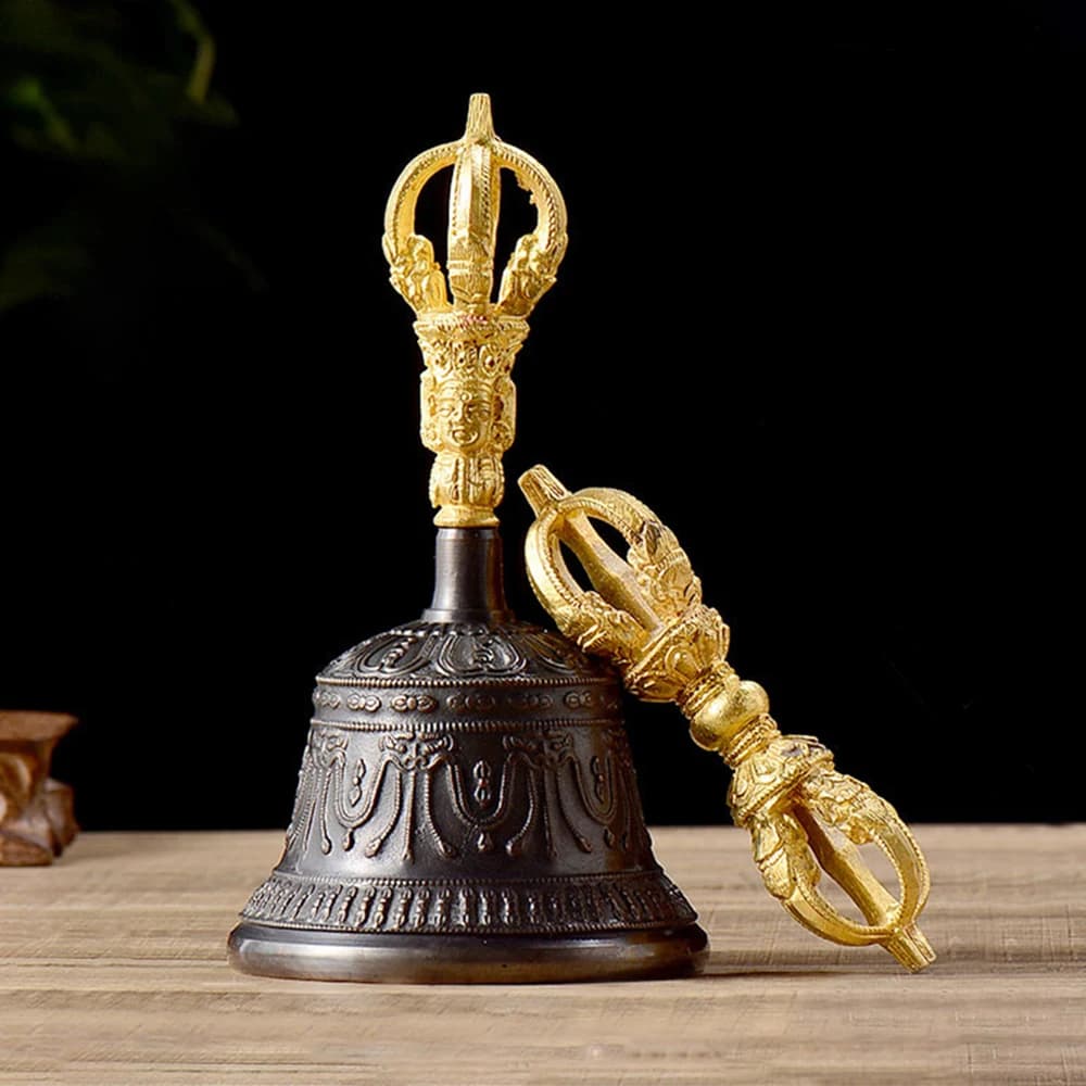 Nepal copper five-strand Vajra bell pestle, Tibetan Home Offering Buddha ornaments, Handmade carving Vajra decorative crafts