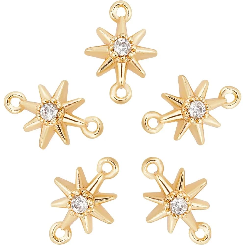 5 pezzi in vero ottone placcato oro 18 carati con zirconi cubici, connettori a forma di stelle, con zirconi trasparenti per bracciale fai da te